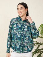 Women’s Blue & Green Patch Floral Print Shirt