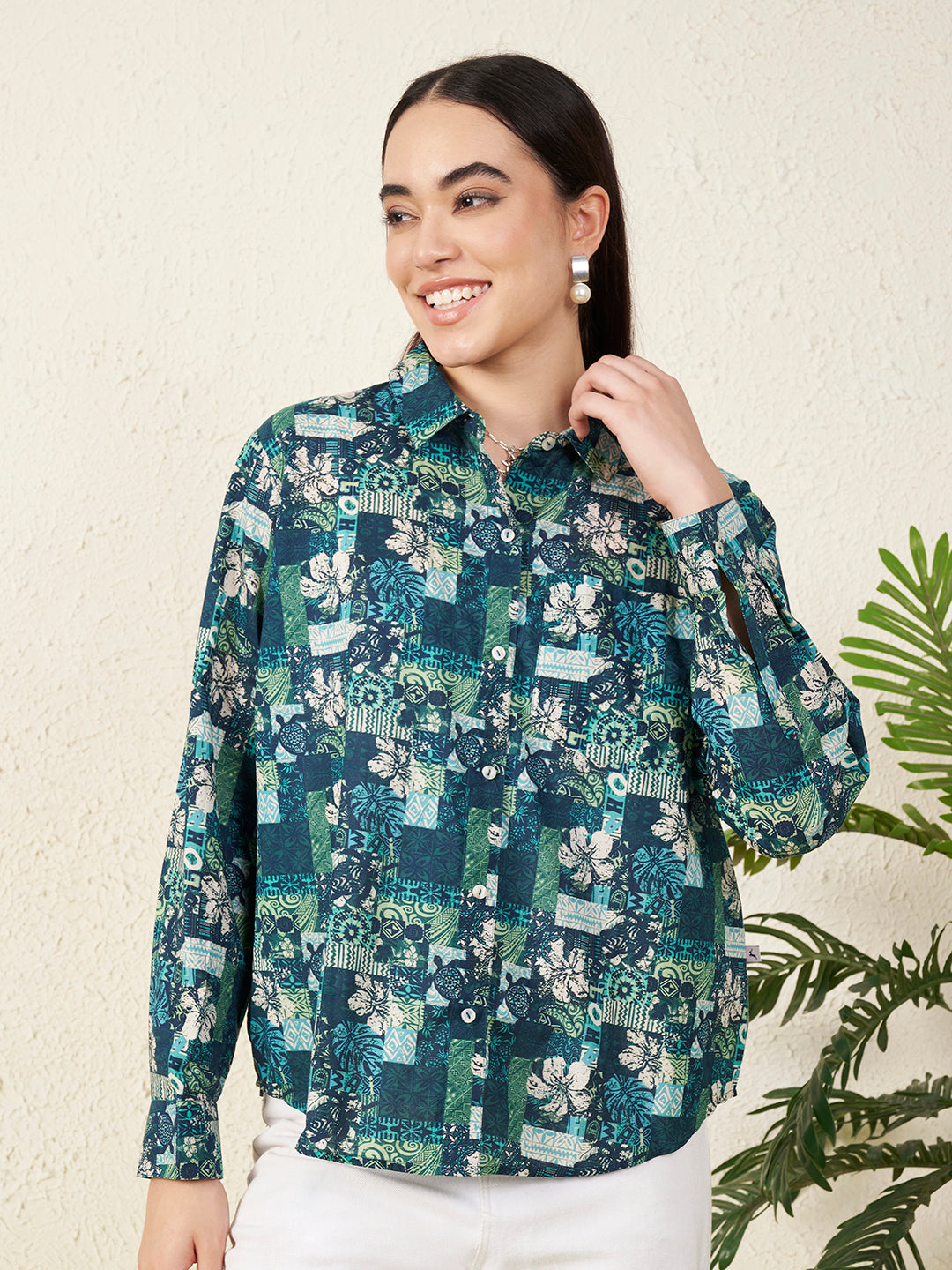 Women’s Blue & Green Patch Floral Print Shirt