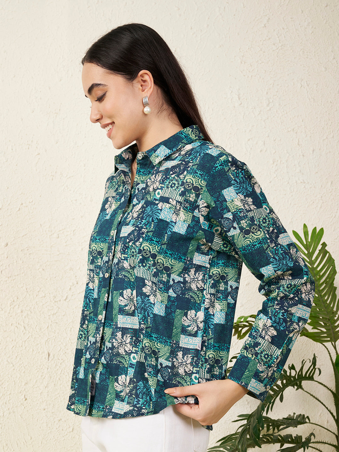 Women’s Blue & Green Patch Floral Print Shirt