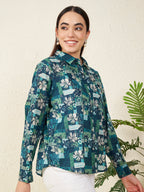 Women’s Blue & Green Patch Floral Print Shirt