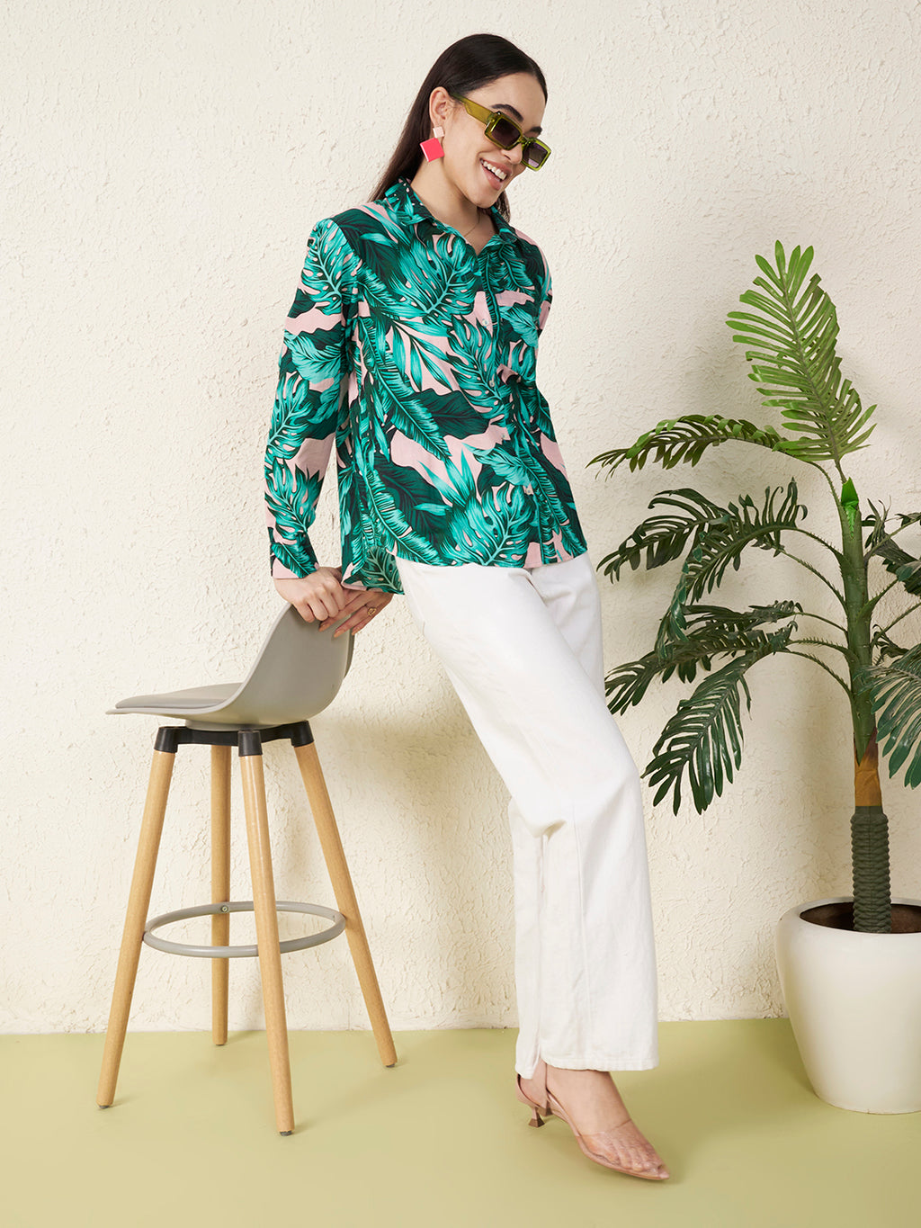 Women’s Green Tropical Leaf Print Shirt