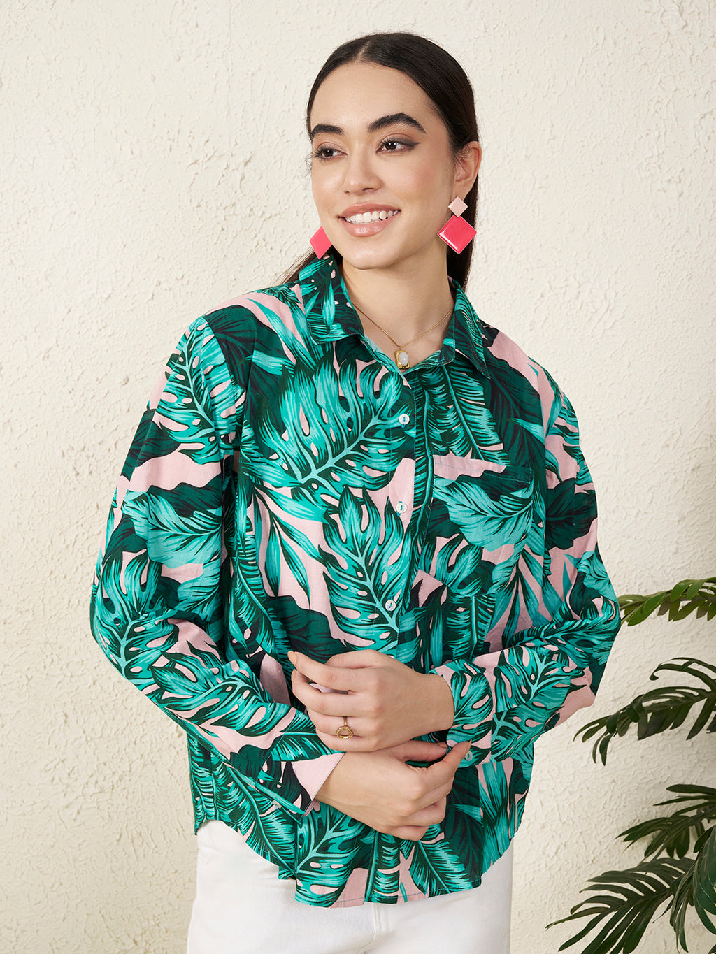 Women’s Green Tropical Leaf Print Shirt