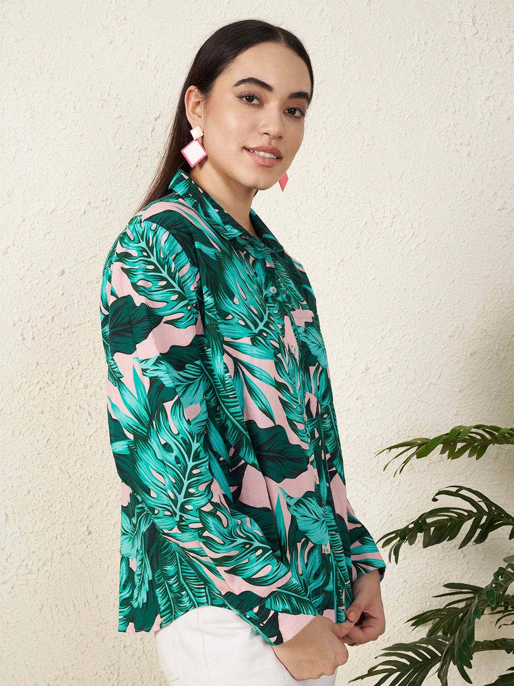 Women’s Green Tropical Leaf Print Shirt