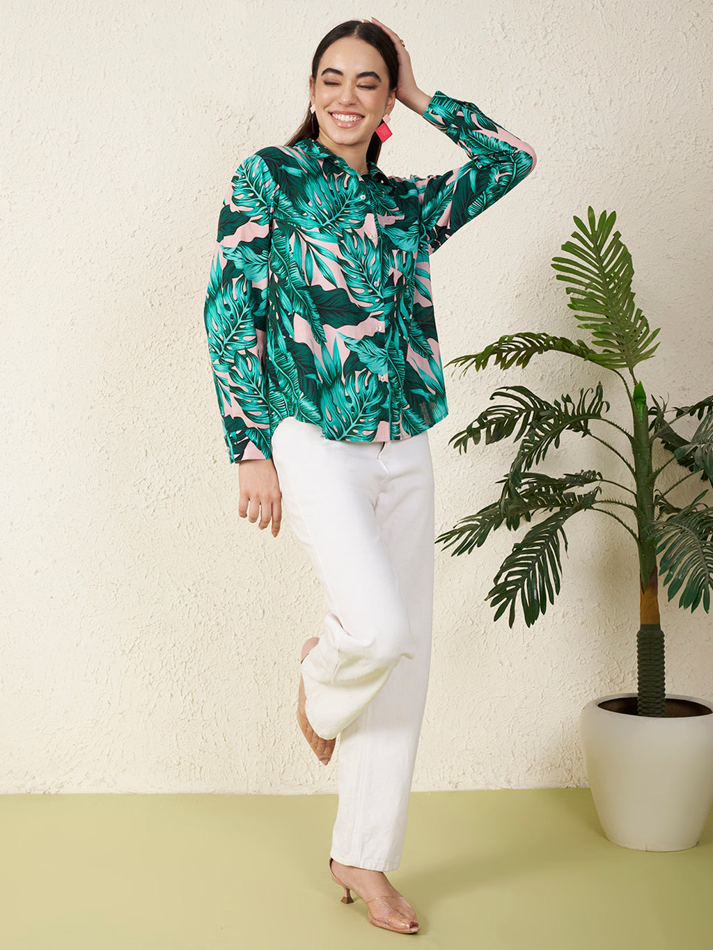 Women’s Green Tropical Leaf Print Shirt
