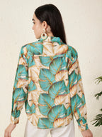 Women’s Beige & Teal Tropical Leaf Print Shirt