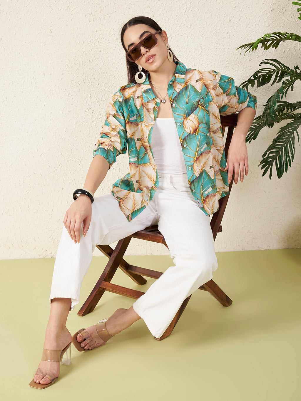 Women’s Beige & Teal Tropical Leaf Print Shirt