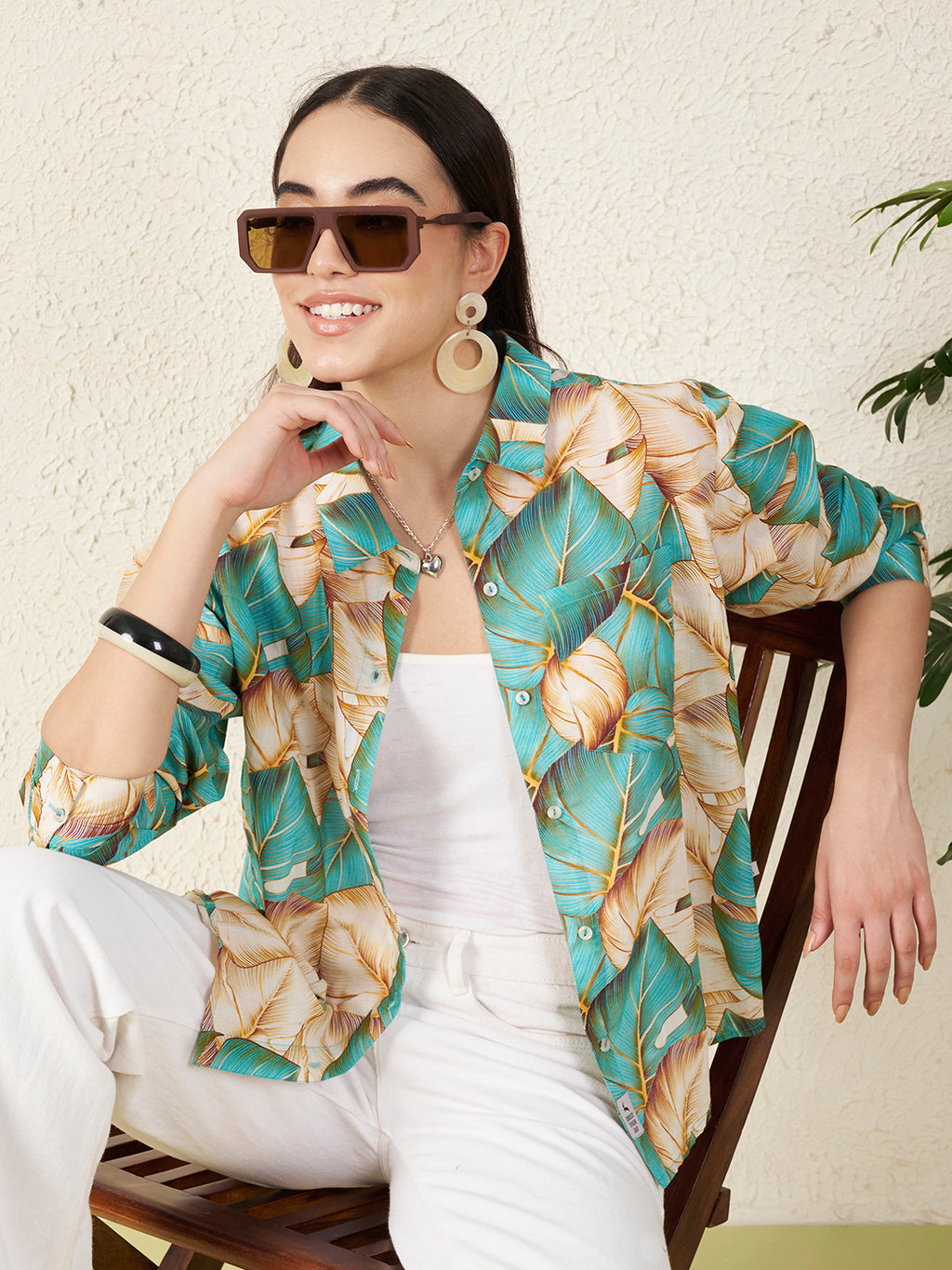 Women’s Beige & Teal Tropical Leaf Print Shirt