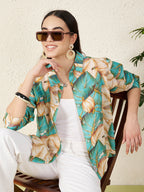 Women’s Beige & Teal Tropical Leaf Print Shirt