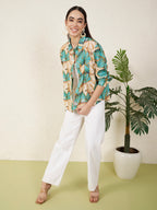 Women’s Beige & Teal Tropical Leaf Print Shirt