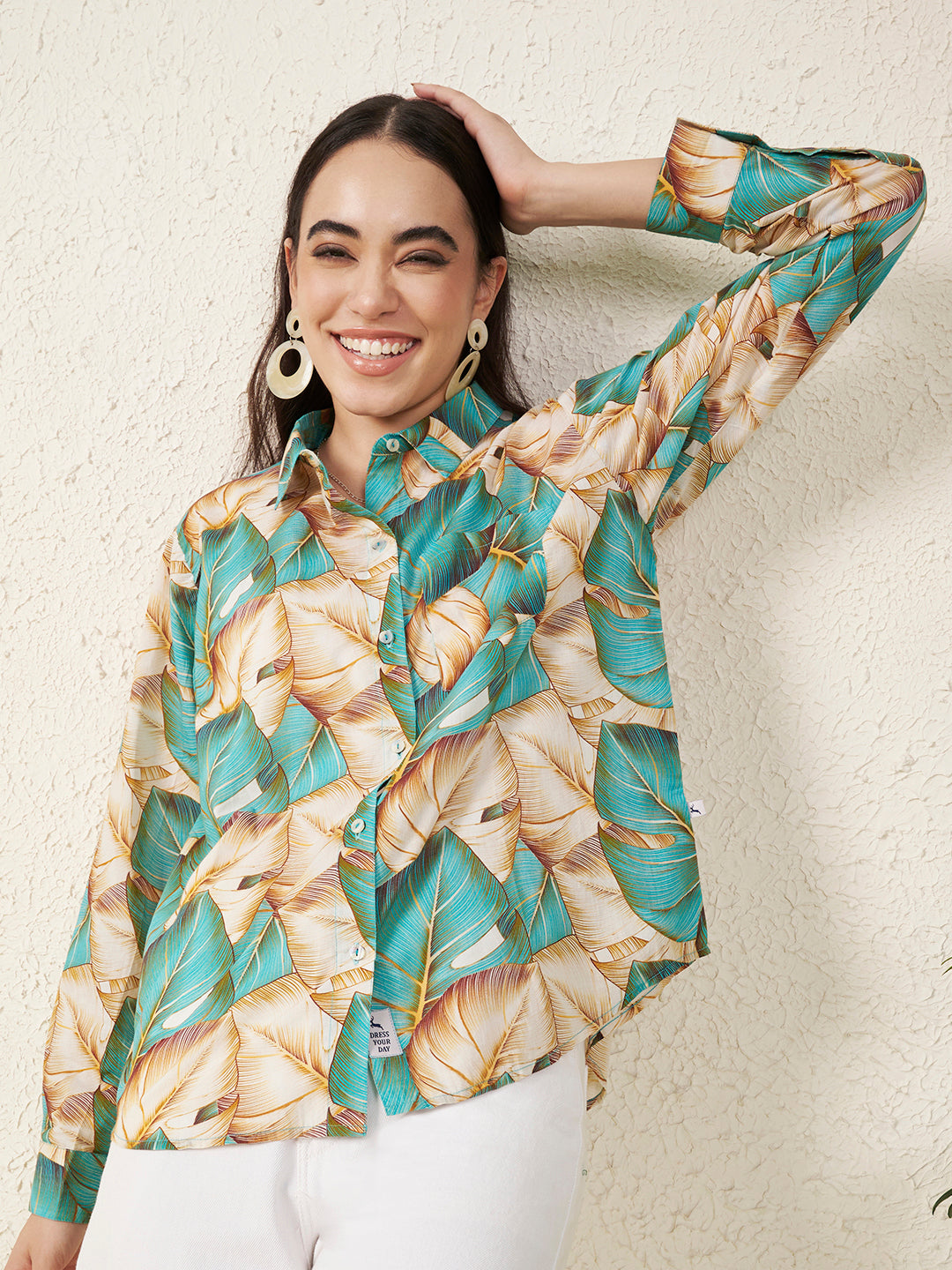 Women’s Beige & Teal Tropical Leaf Print Shirt