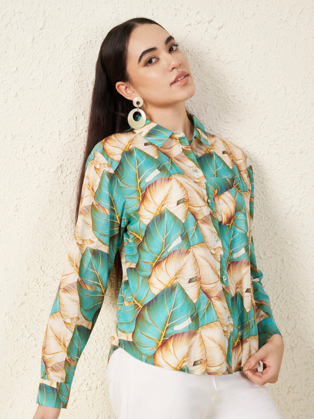 Women’s Beige & Teal Tropical Leaf Print Shirt