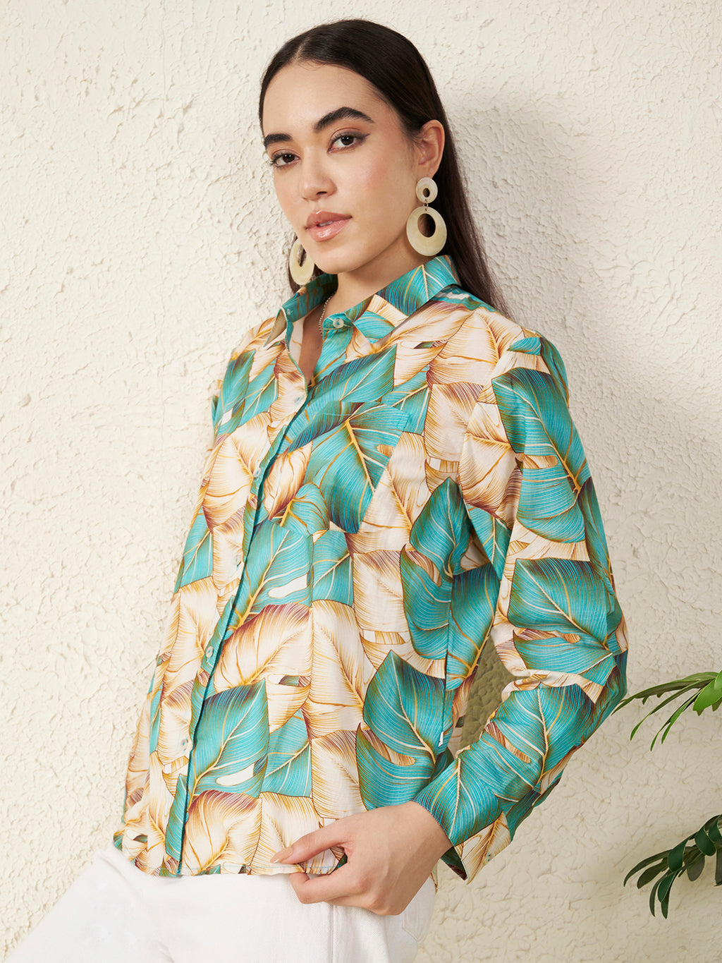 Women’s Beige & Teal Tropical Leaf Print Shirt
