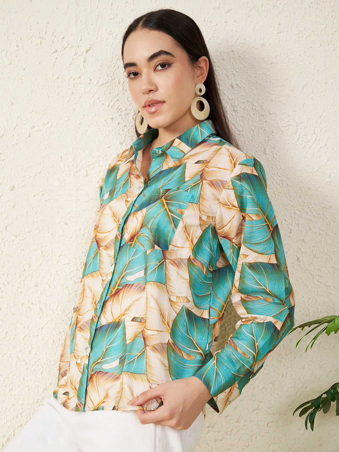 Women’s Beige & Teal Tropical Leaf Print Shirt