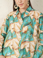 Women’s Beige & Teal Tropical Leaf Print Shirt