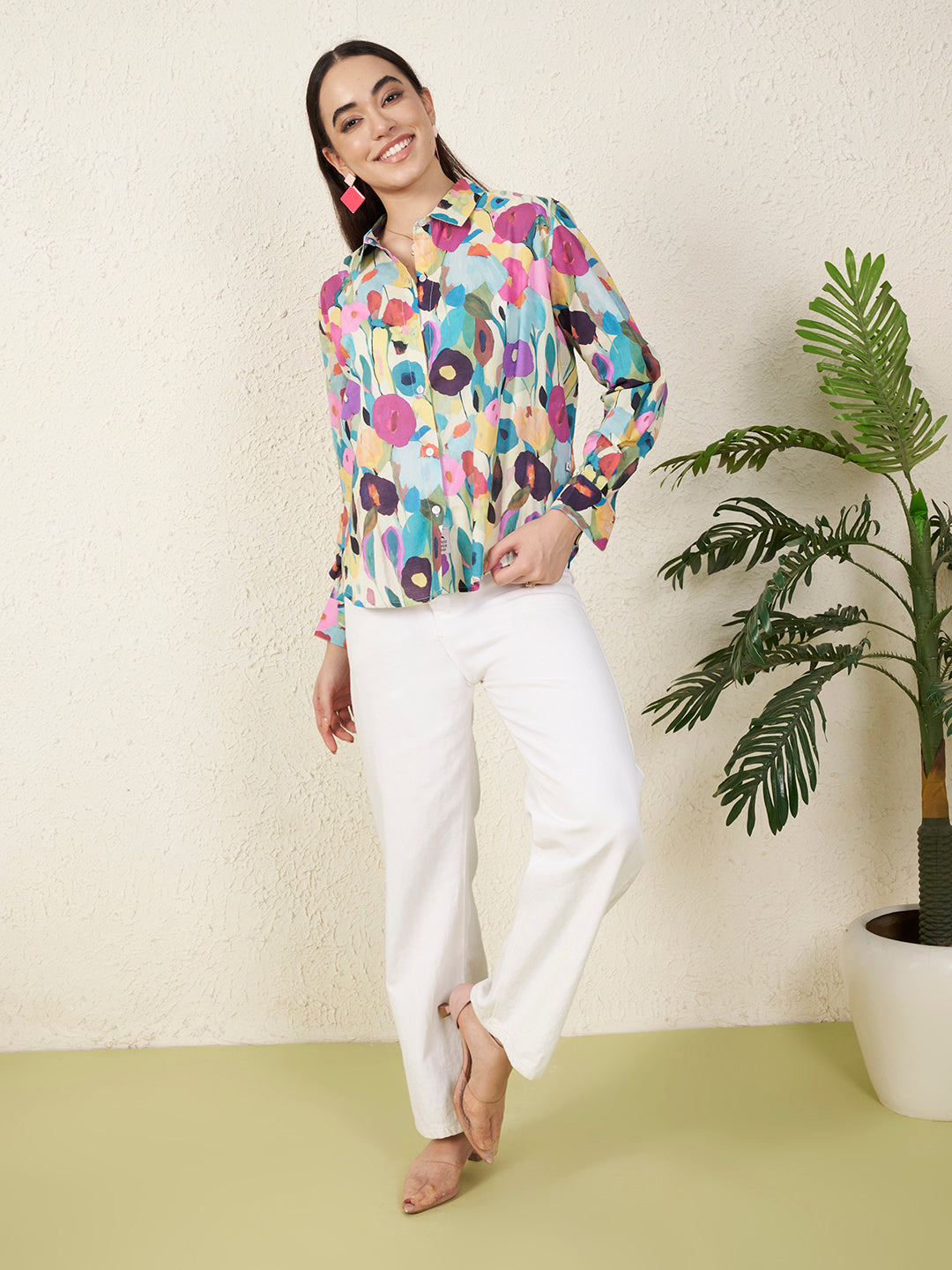 Women’s Multicolor Watercolor Floral Print Shirt