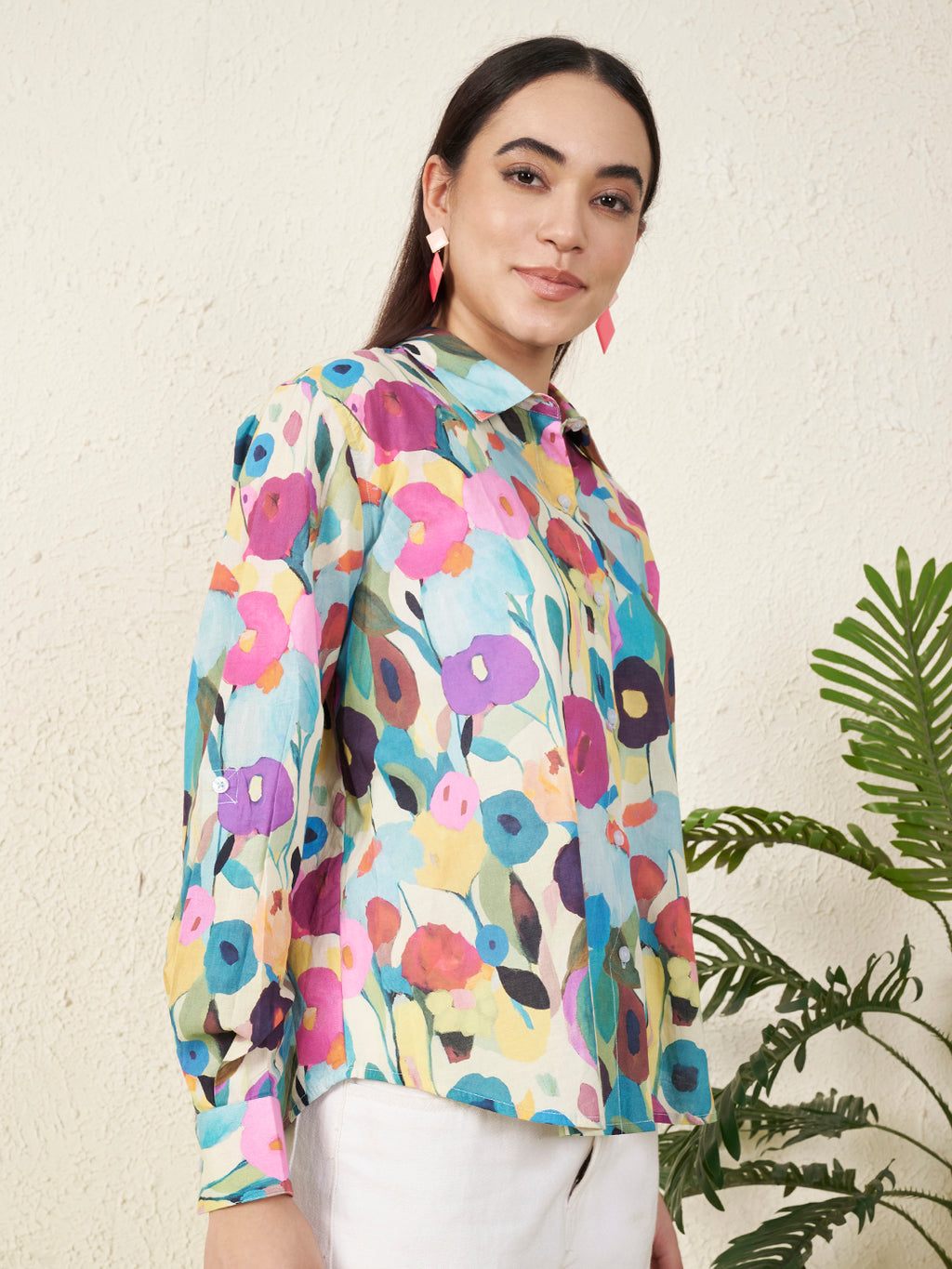 Women’s Multicolor Watercolor Floral Print Shirt