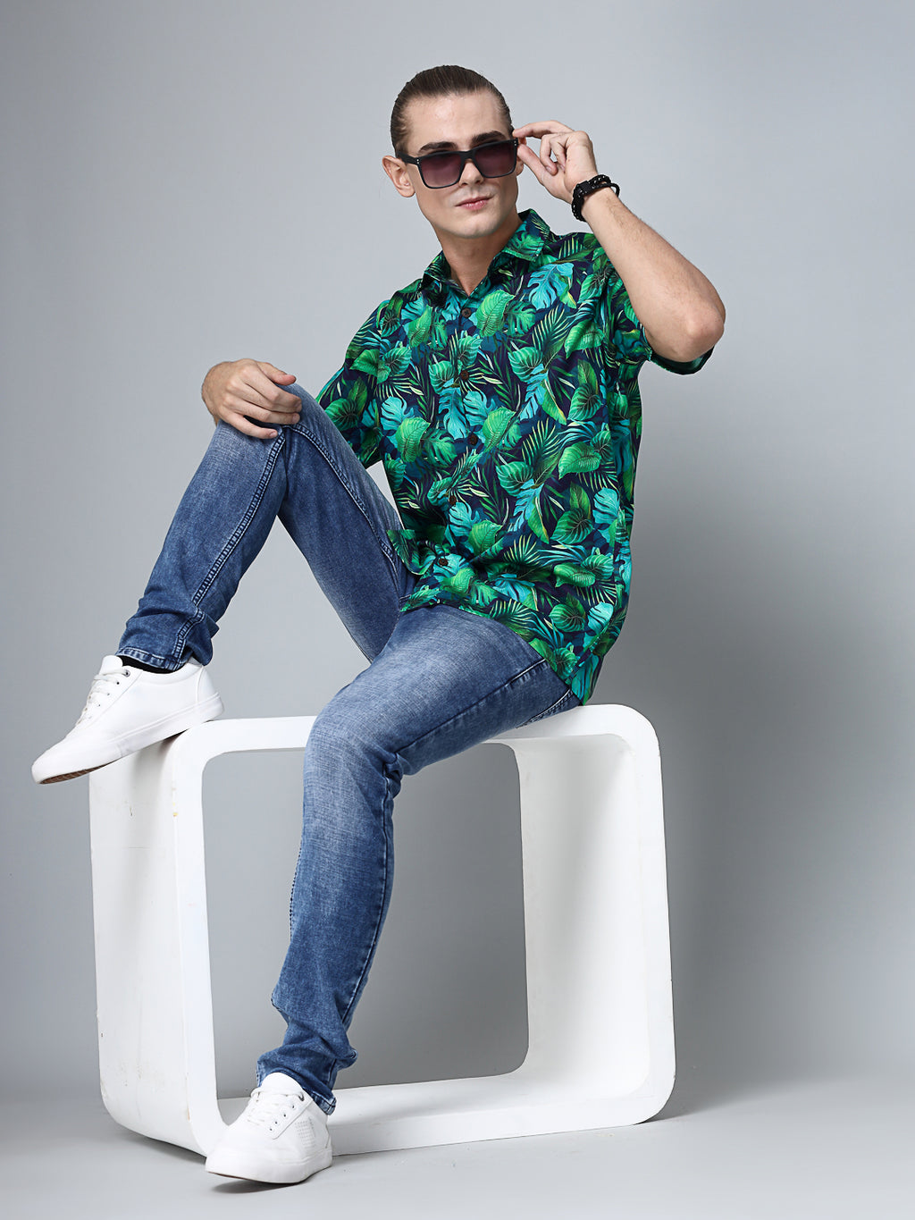 Valbone Men's Leaf Printed Giza Cotton Casual half sleeves Shirt