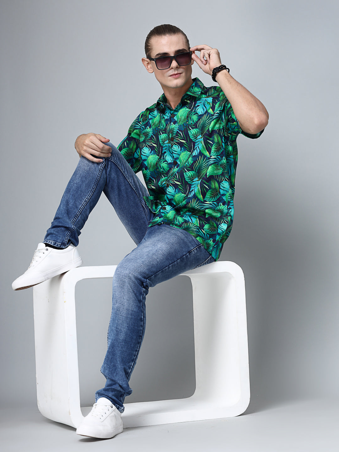 Valbone Men's Leaf Printed Giza Cotton Casual half sleeves Shirt