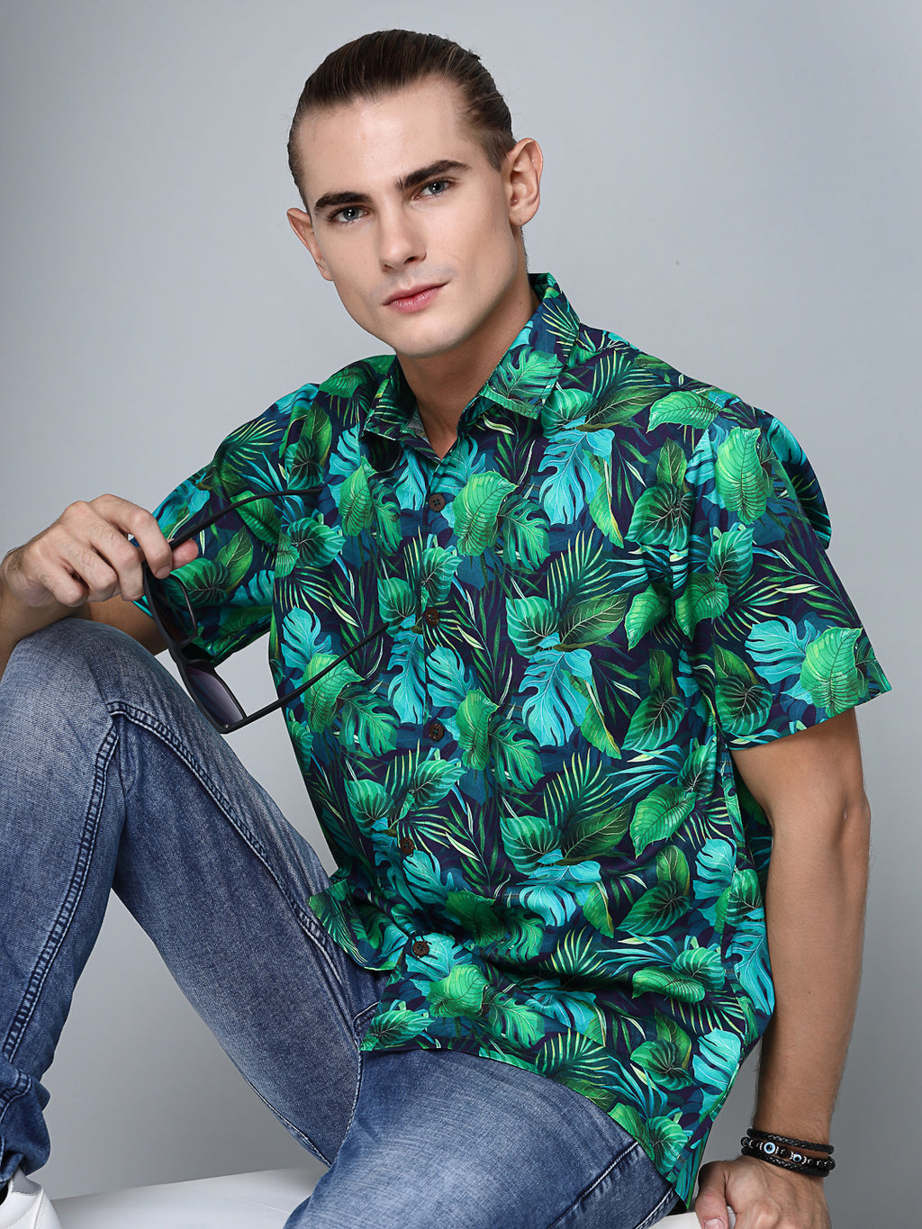 Valbone Men's Leaf Printed Giza Cotton Casual half sleeves Shirt