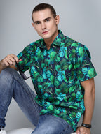 Valbone Men's Leaf Printed Giza Cotton Casual half sleeves Shirt