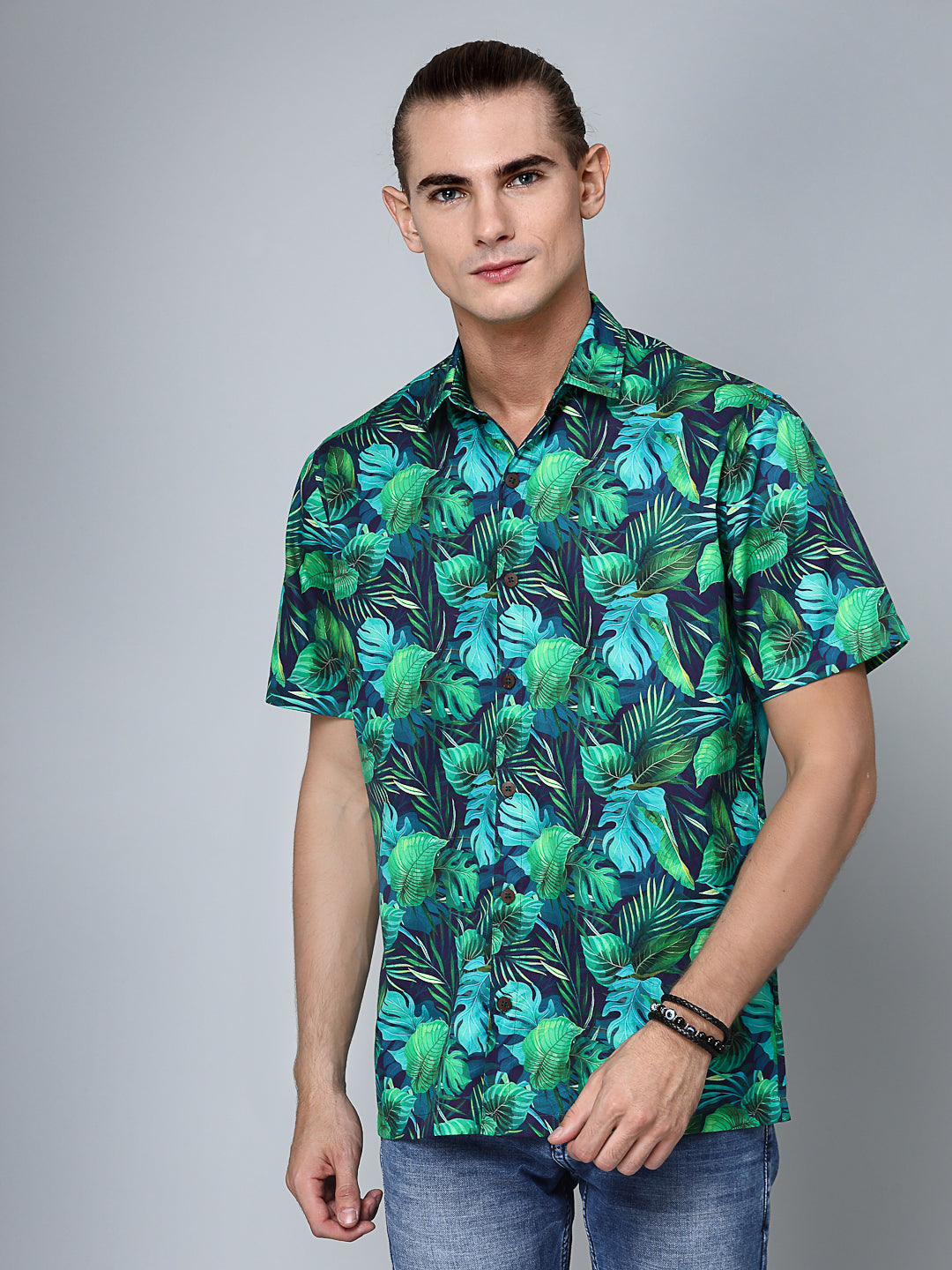 Valbone Men's Leaf Printed Giza Cotton Casual half sleeves Shirt