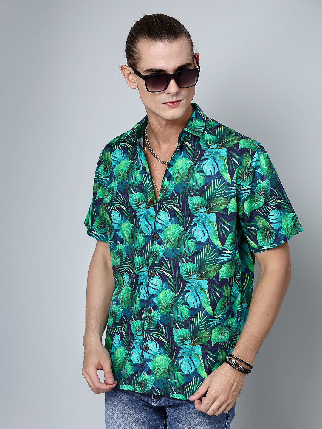 Valbone Men's Leaf Printed Giza Cotton Casual half sleeves Shirt