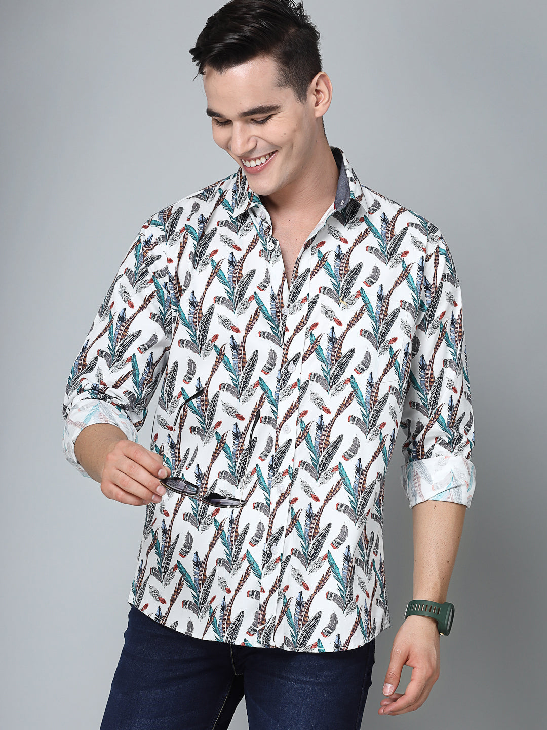 Valbone Men's Leaf Printed Giza Cotton Casual Shirt