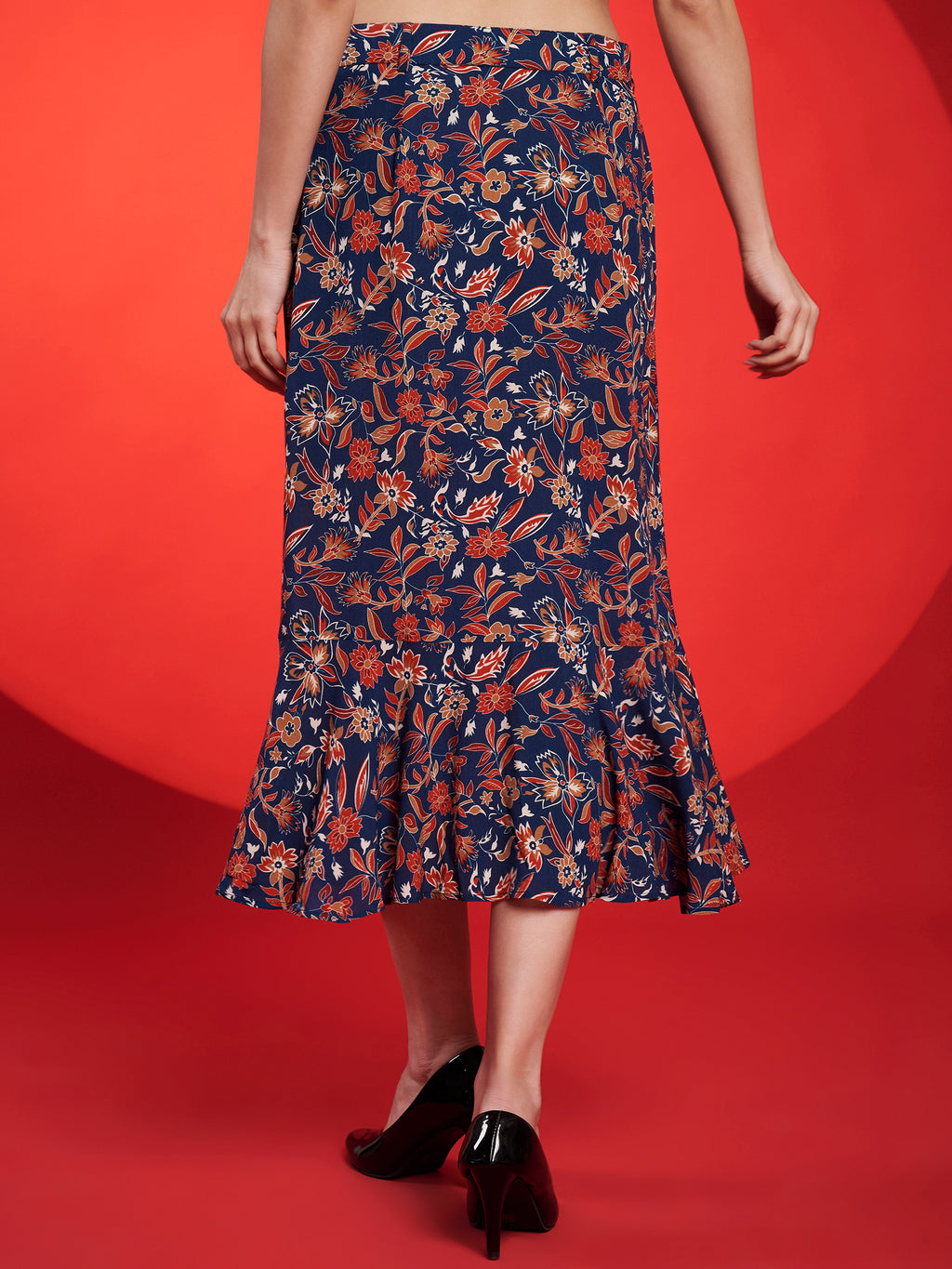 Navy Floral Belted Midi Dress