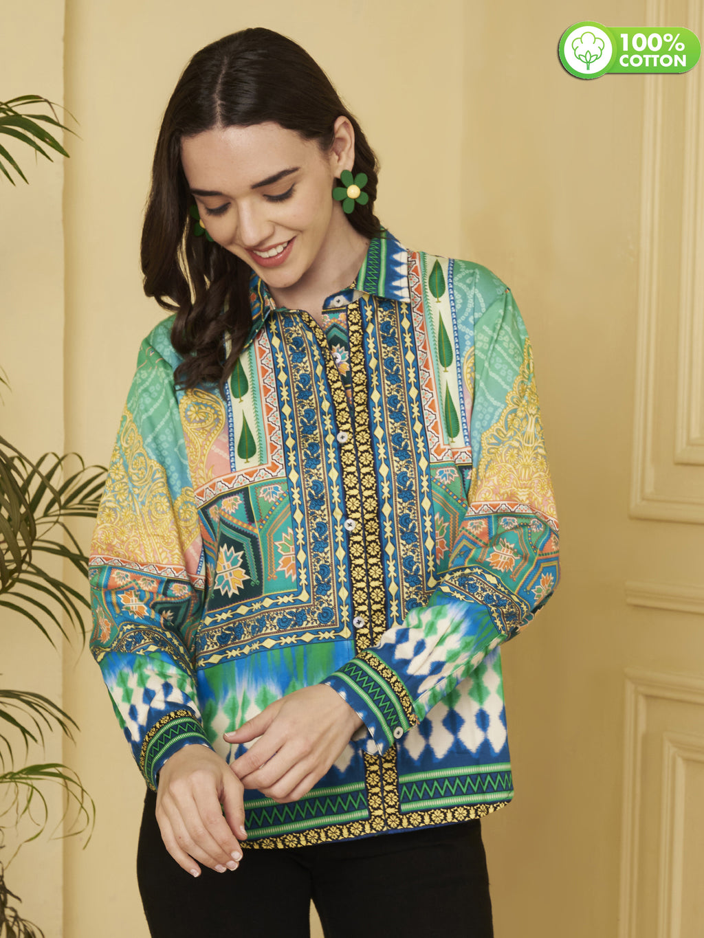 Women's Multicolor Ethnic Inspired Print Full Sleeve Button-Down Shirt