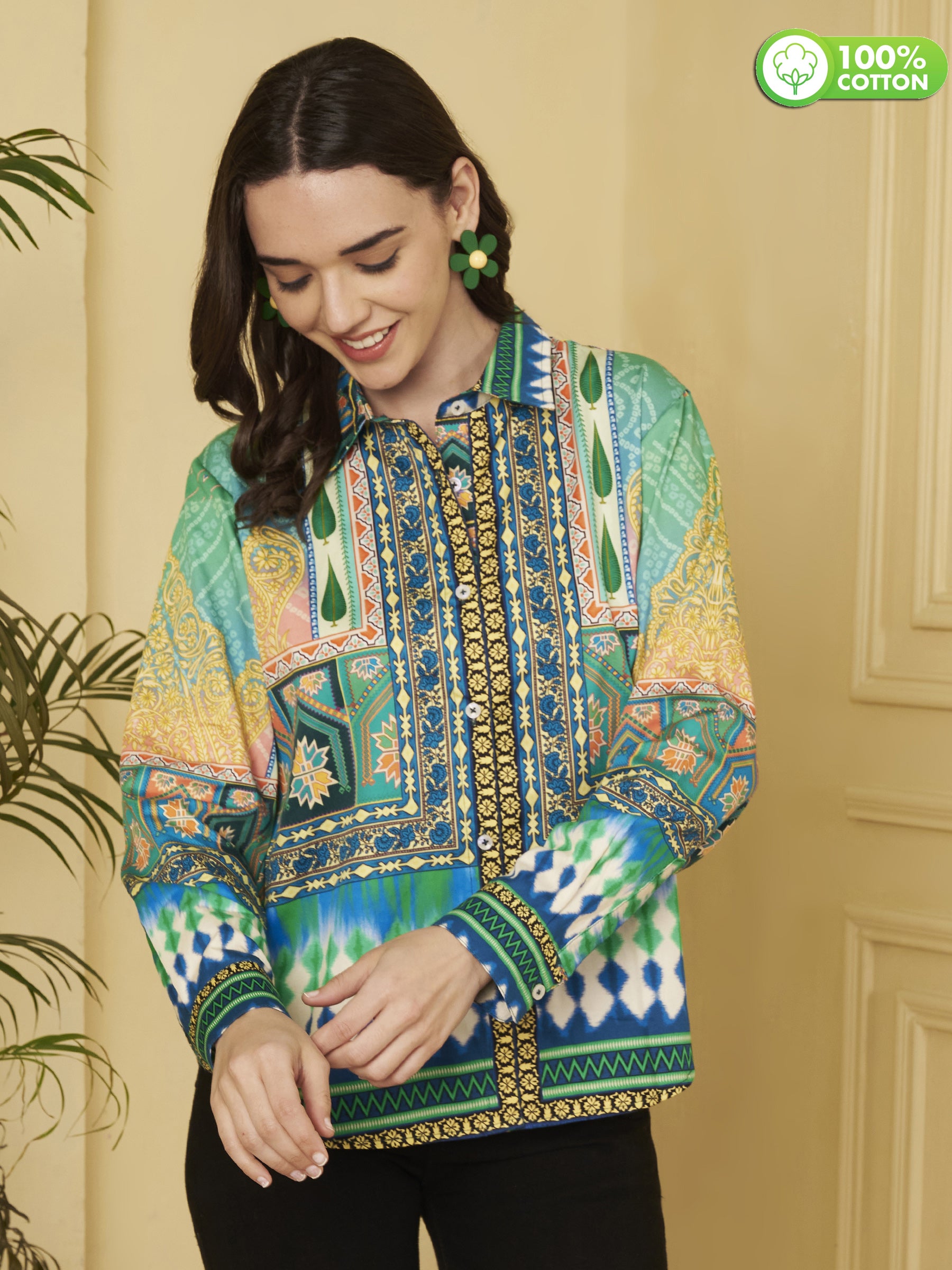 Women's Multicolor Ethnic Inspired Print Full Sleeve Button-Down Shirt