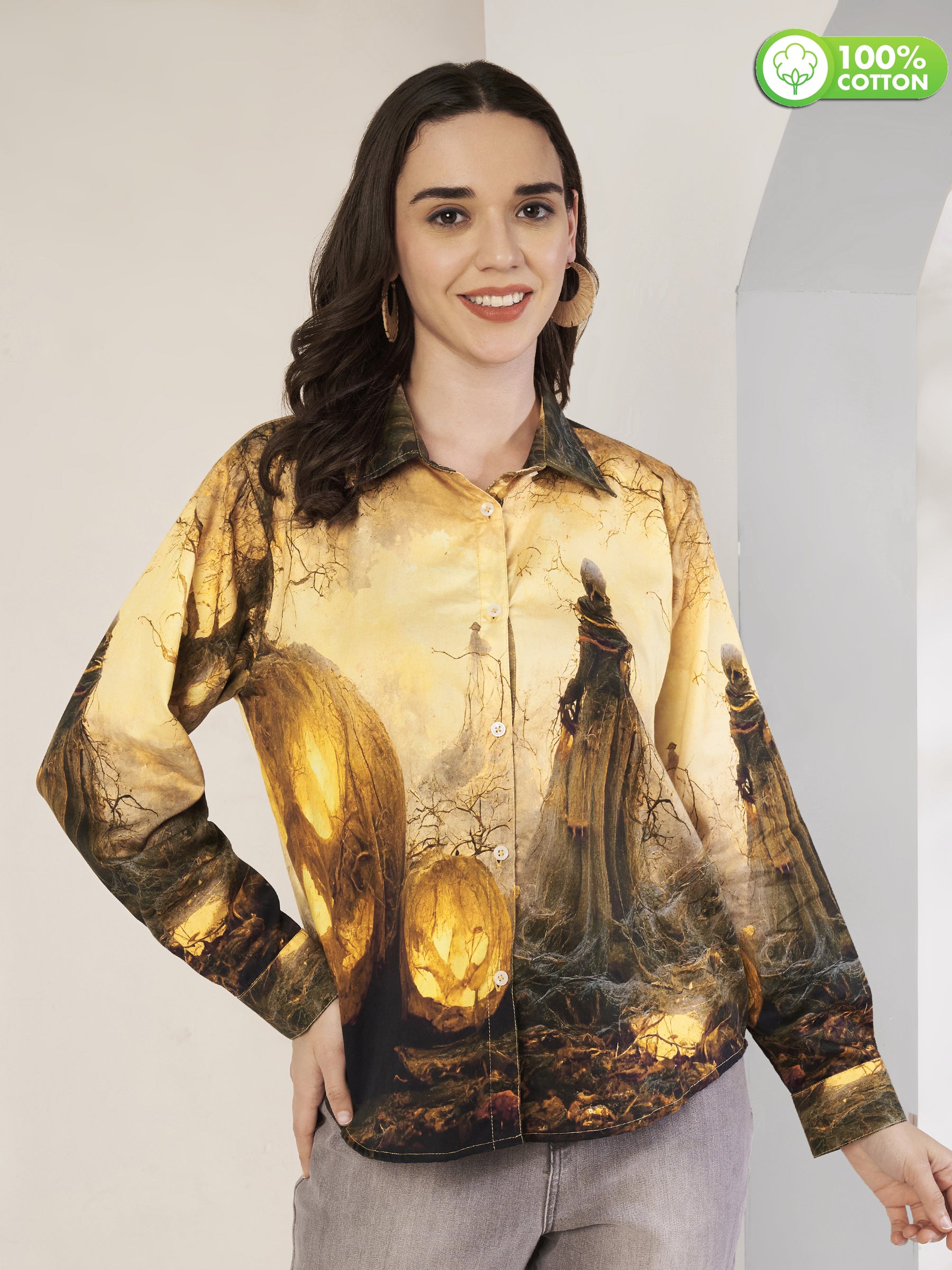 Women's Mystical Forest Art Print Full Sleeve Button-Down Shirt