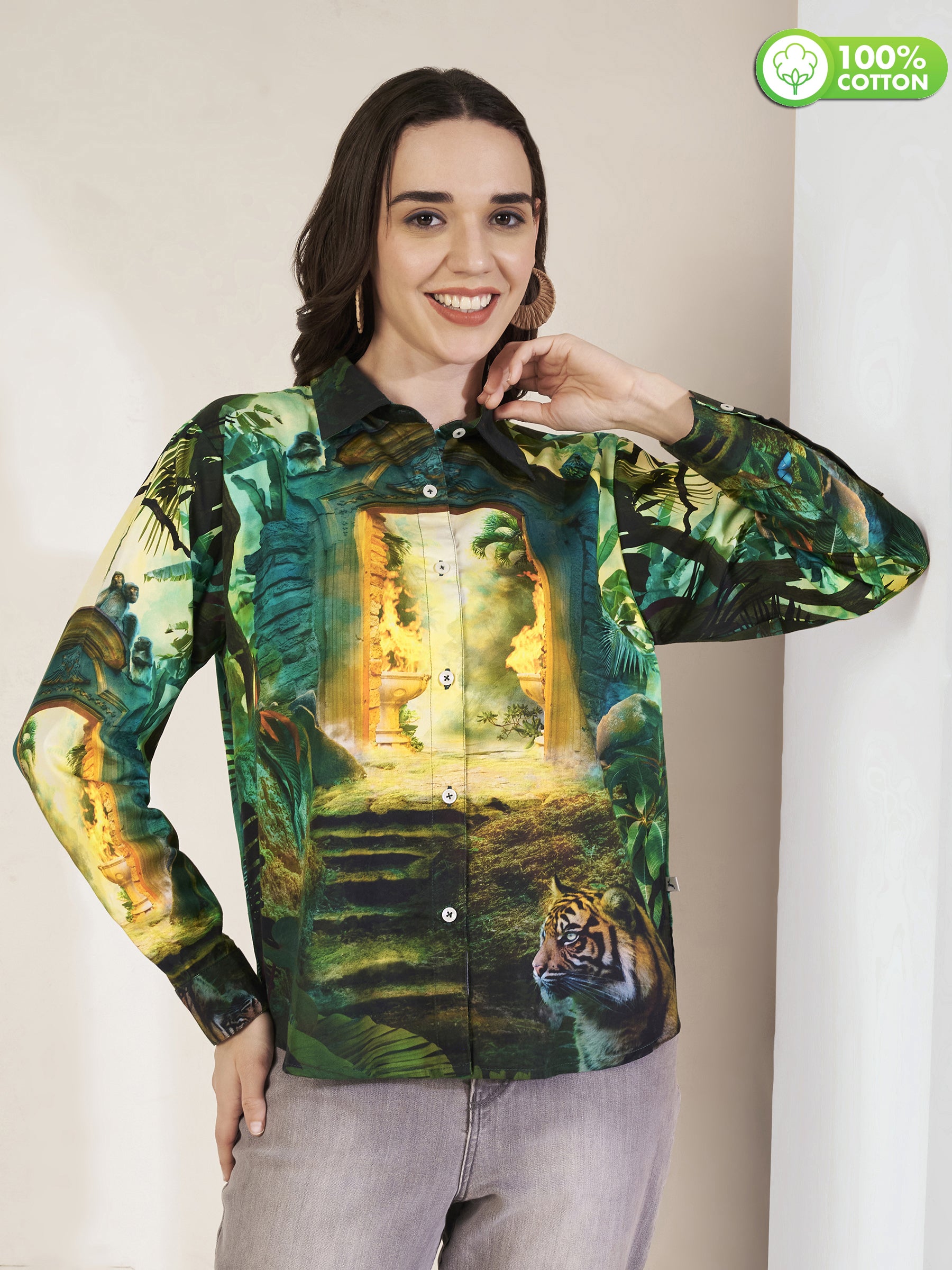 Women's Jungle Print Full Sleeve Button-Down Shirt