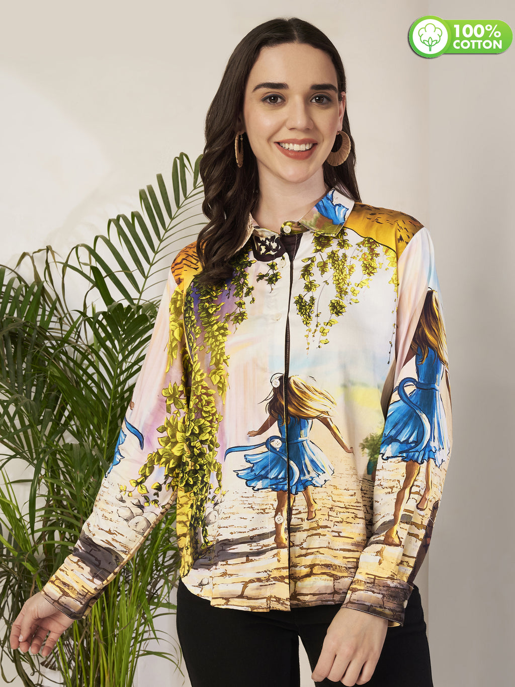 Women's Artistic Girl Print Full Sleeve Button-Down Shirt