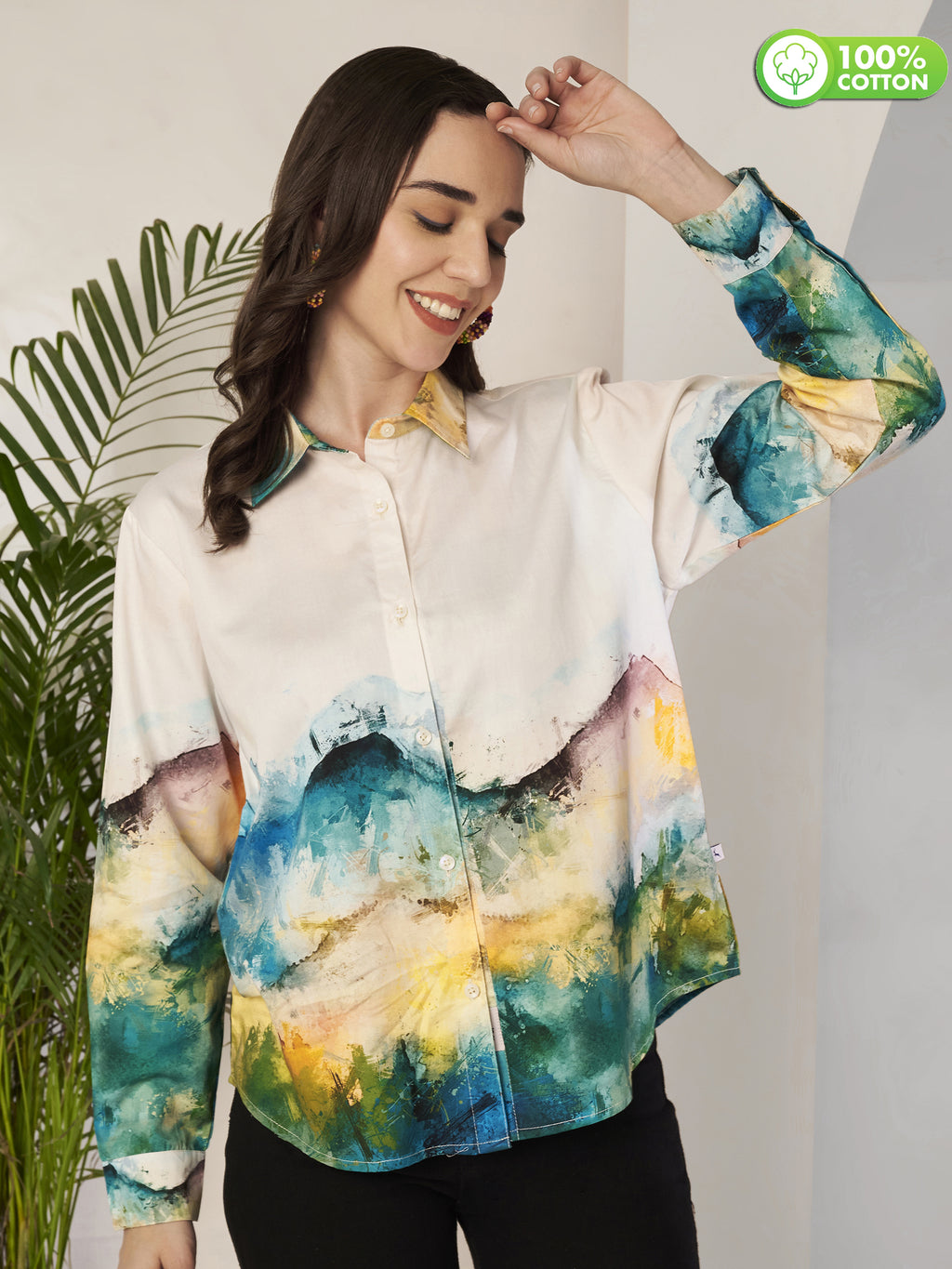 Women's Abstract Landscape Print Full Sleeve Button-Down Shirt