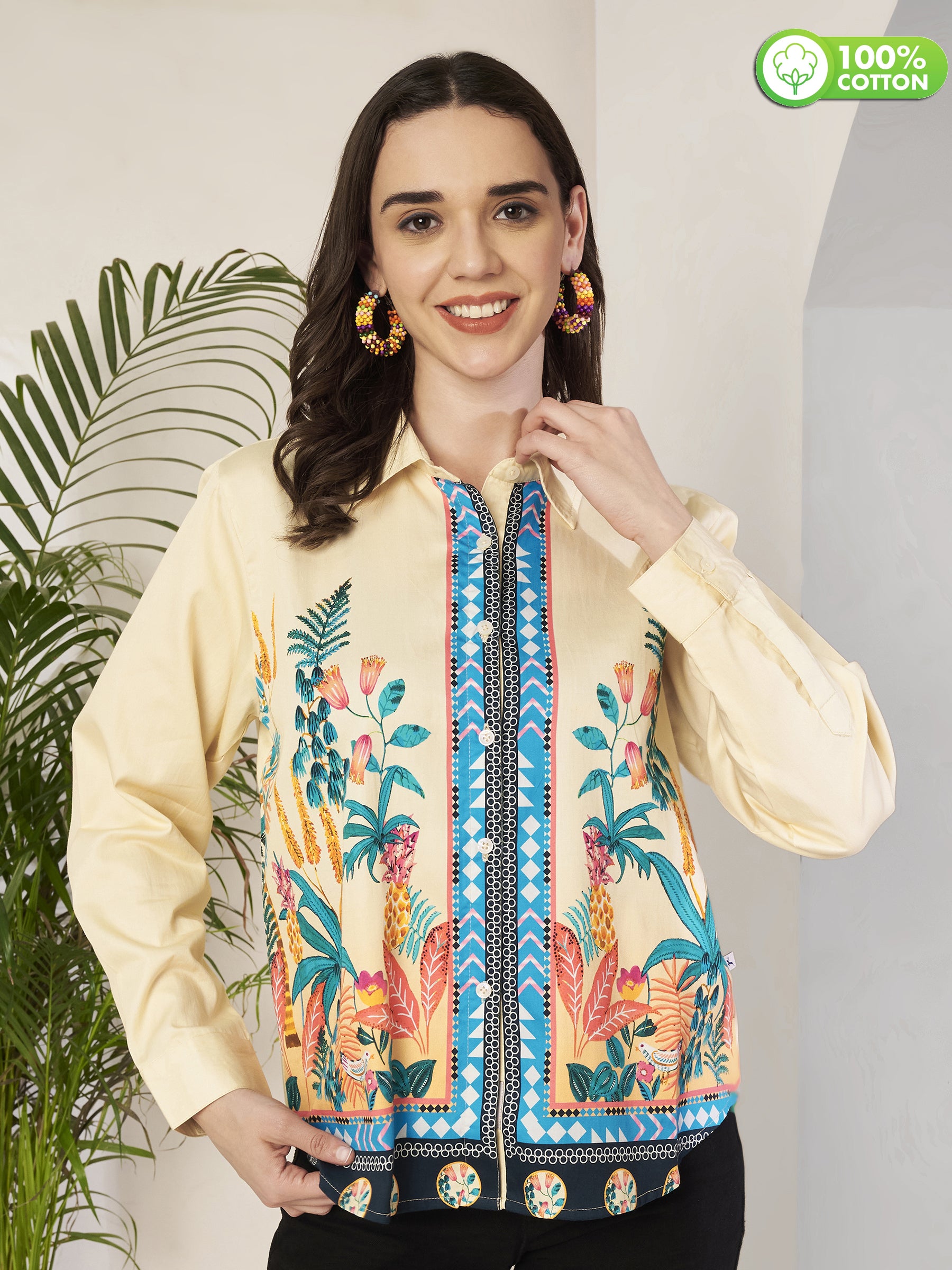 Women's Tropical Botanical Print Full Sleeve Button-Down Shirt