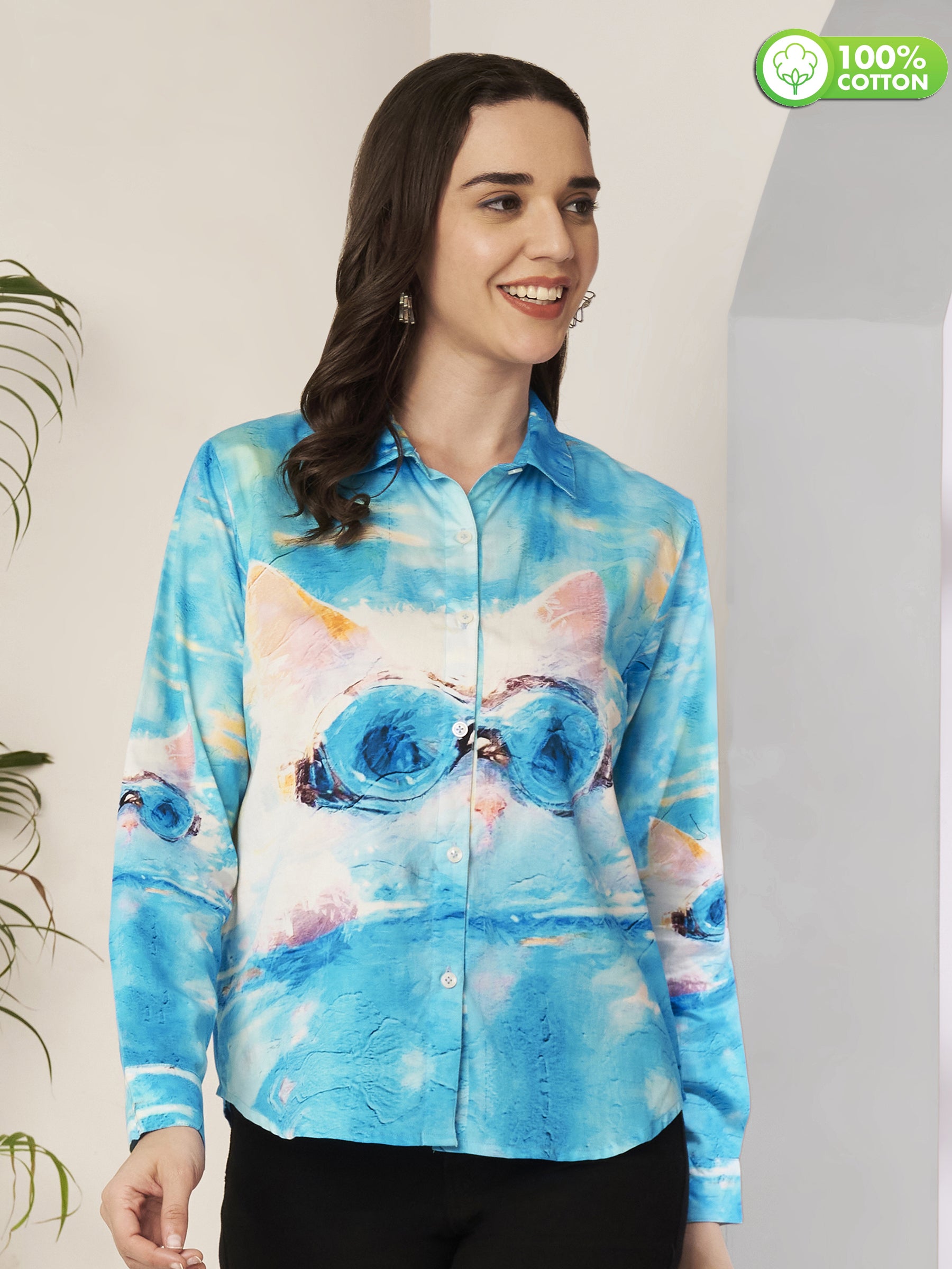 Women's Cool Cat Art Print Full Sleeve Button-Down Shirt