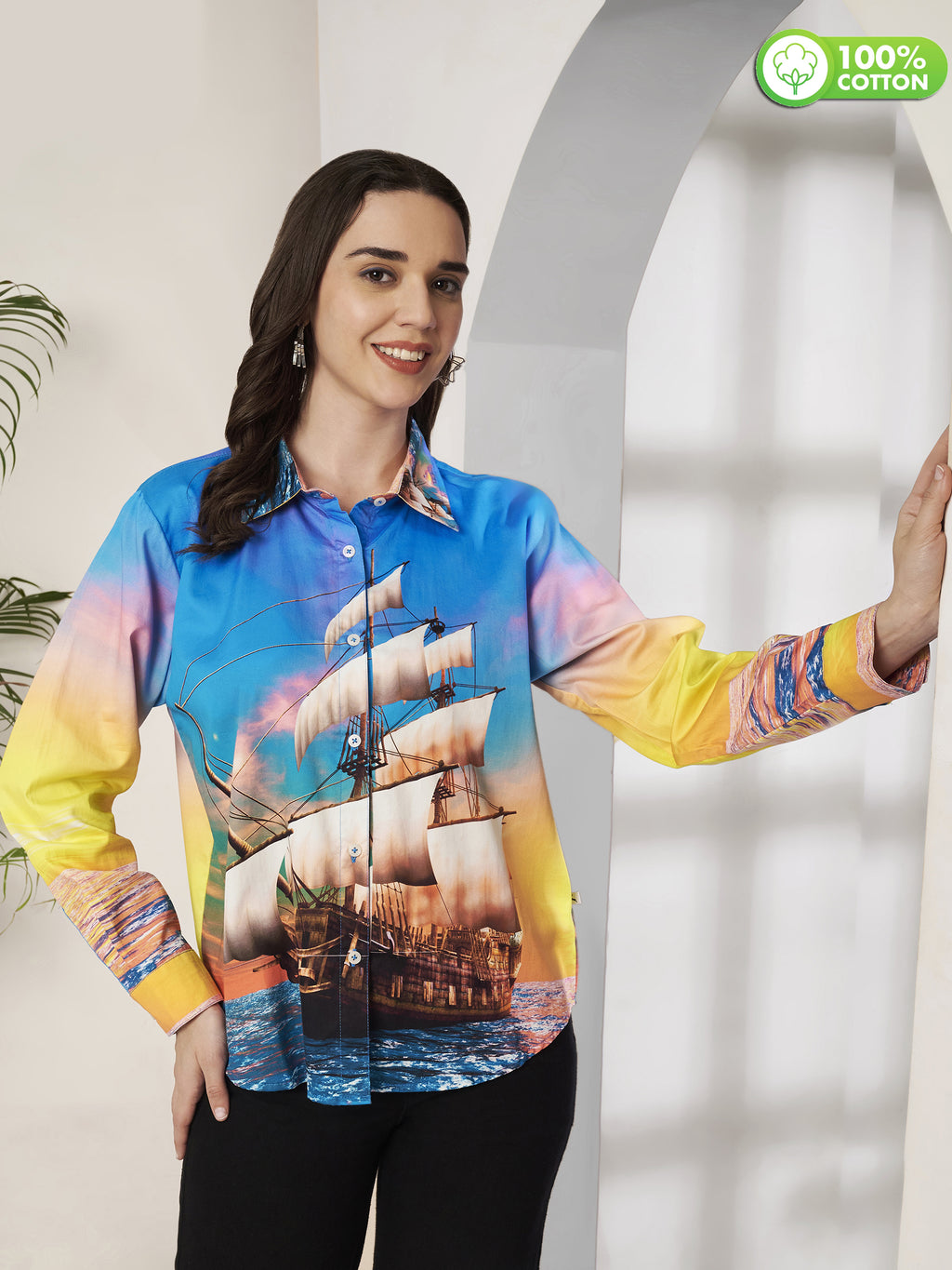 Women's Colorful Sailing Ship Print Full Sleeve Button-Down Shirt