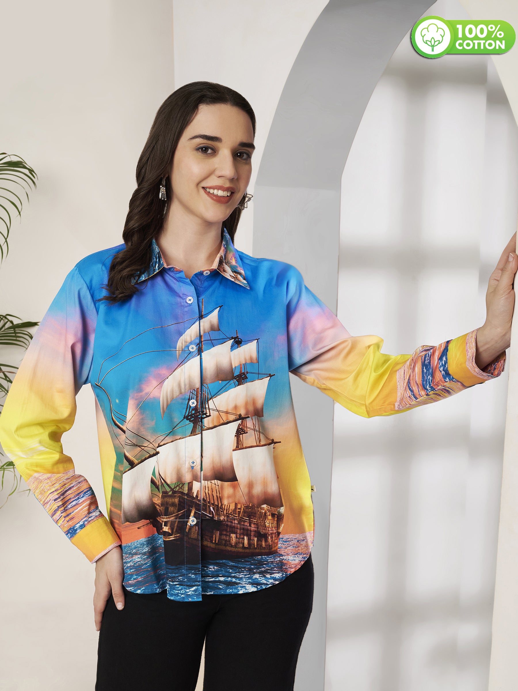 Women's Colorful Sailing Ship Print Full Sleeve Button-Down Shirt