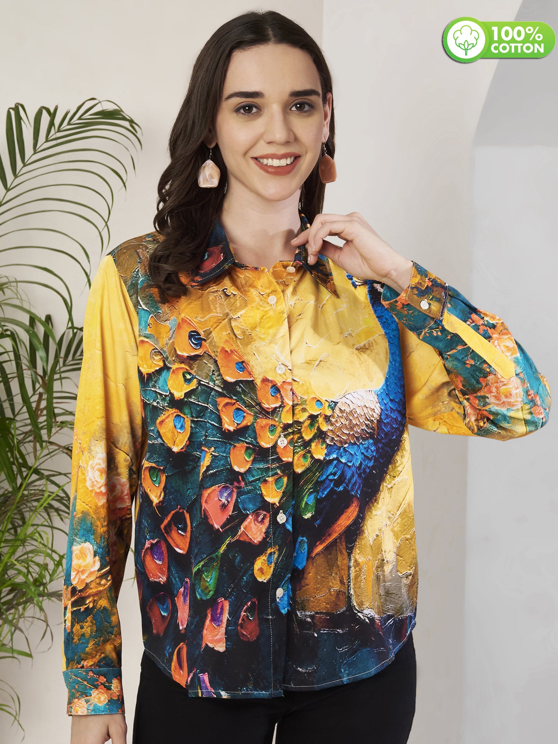 Women's Peacock Art Print Full Sleeve Button-Down Shirt