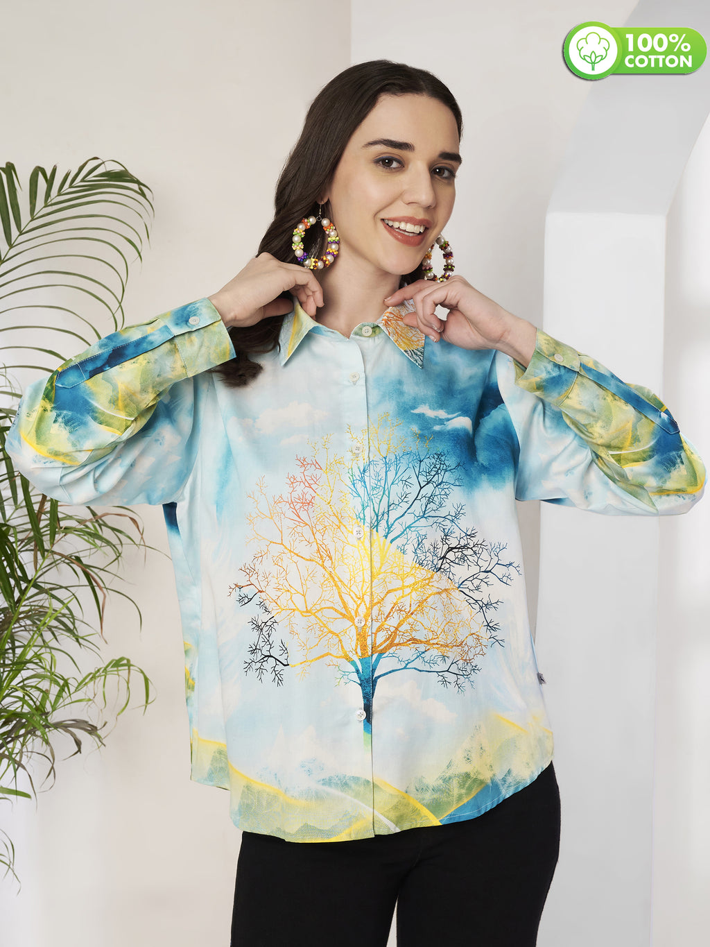Women's Artistic Tree Print Full Sleeve Button-Down Shirt