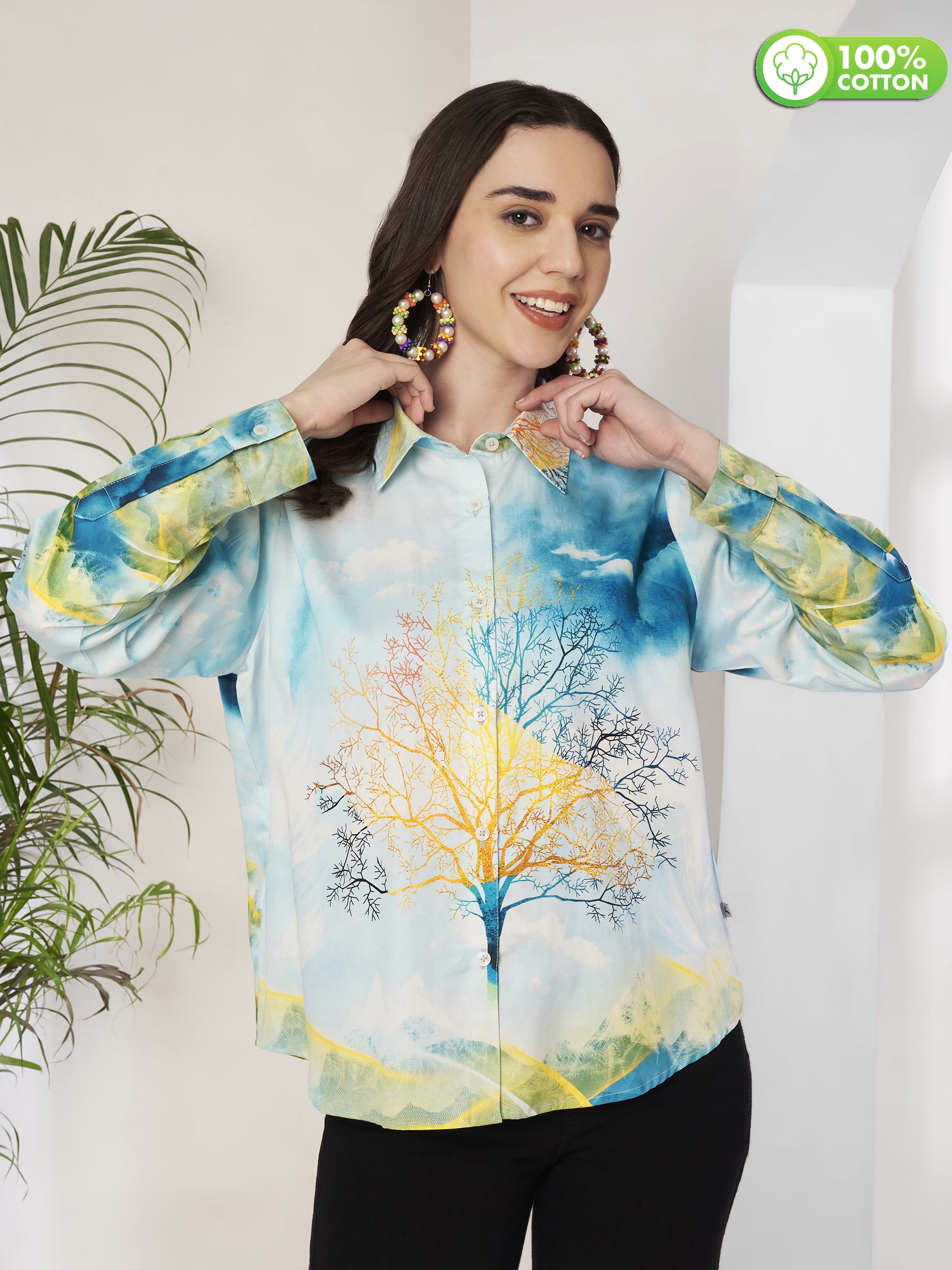 Women's Artistic Tree Print Full Sleeve Button-Down Shirt