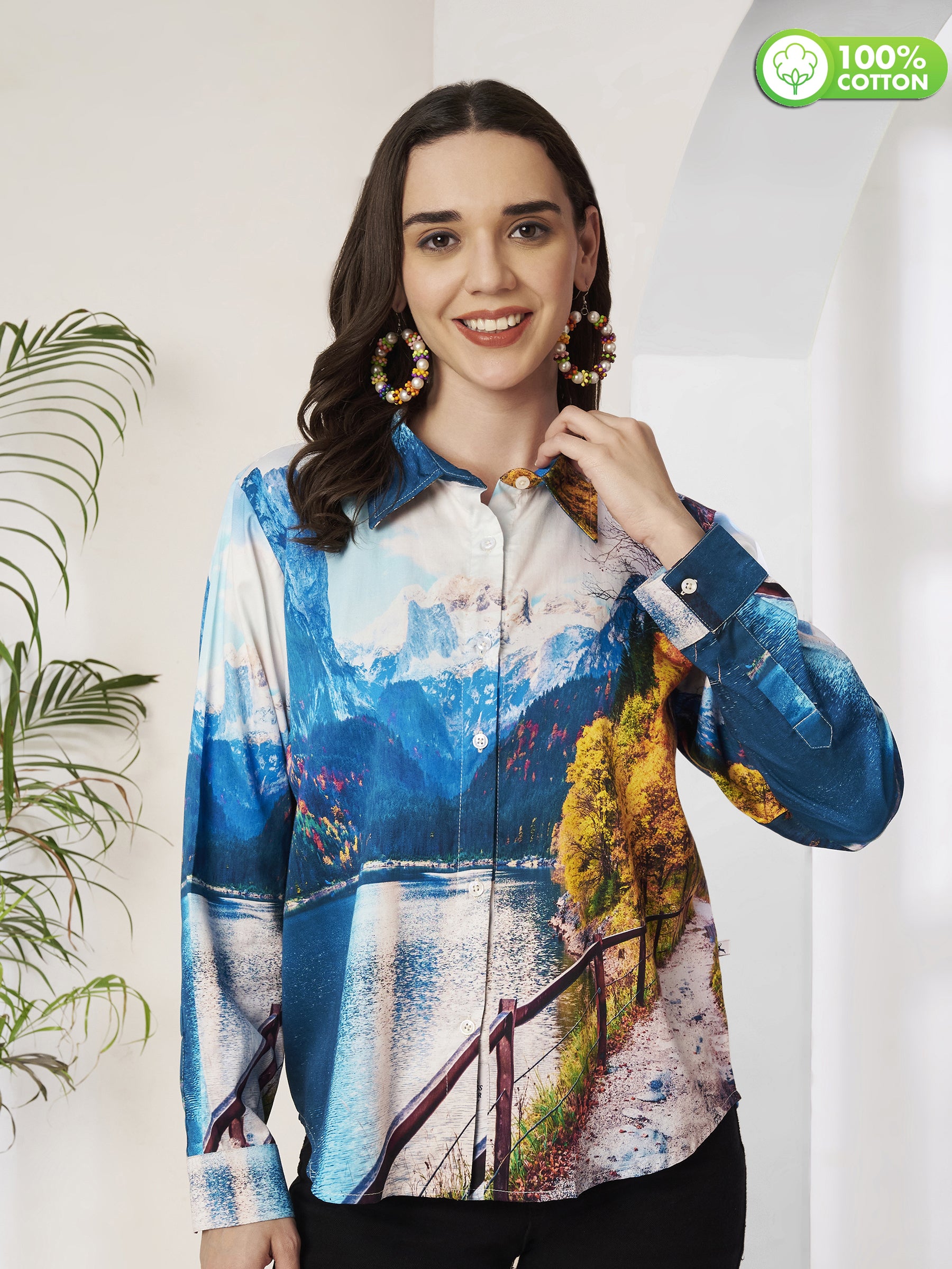 Women's Scenic Mountain Lake Print Full Sleeve Button-Down Shirt