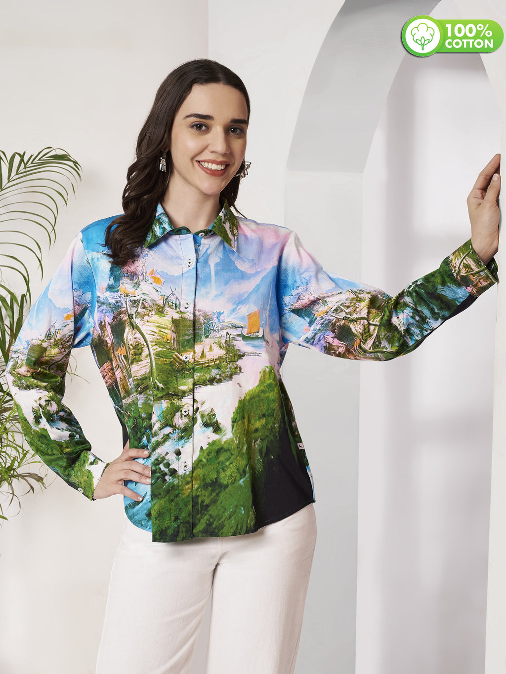 Women's Scenic Village Landscape Print Full Sleeve Button-Down Shirt