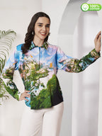 Women's Scenic Village Landscape Print Full Sleeve Button-Down Shirt