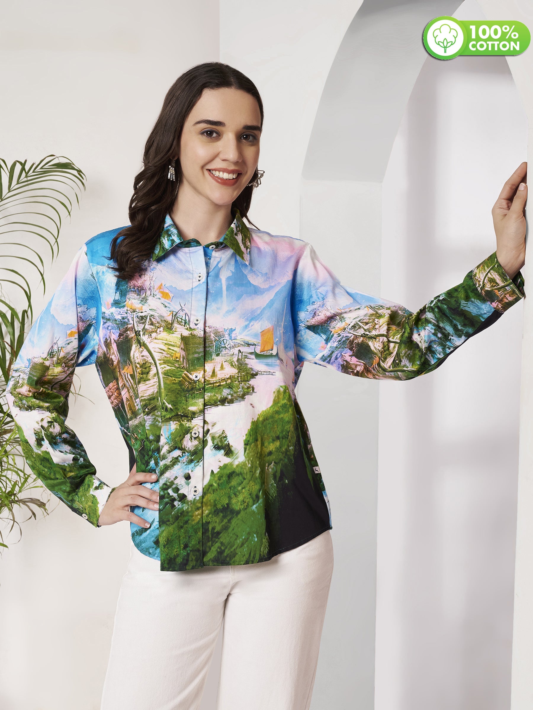 Women's Scenic Village Landscape Print Full Sleeve Button-Down Shirt