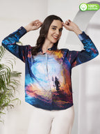 Women's Cosmic Warrior Artistic Print Full Sleeve Button-Down Shirt