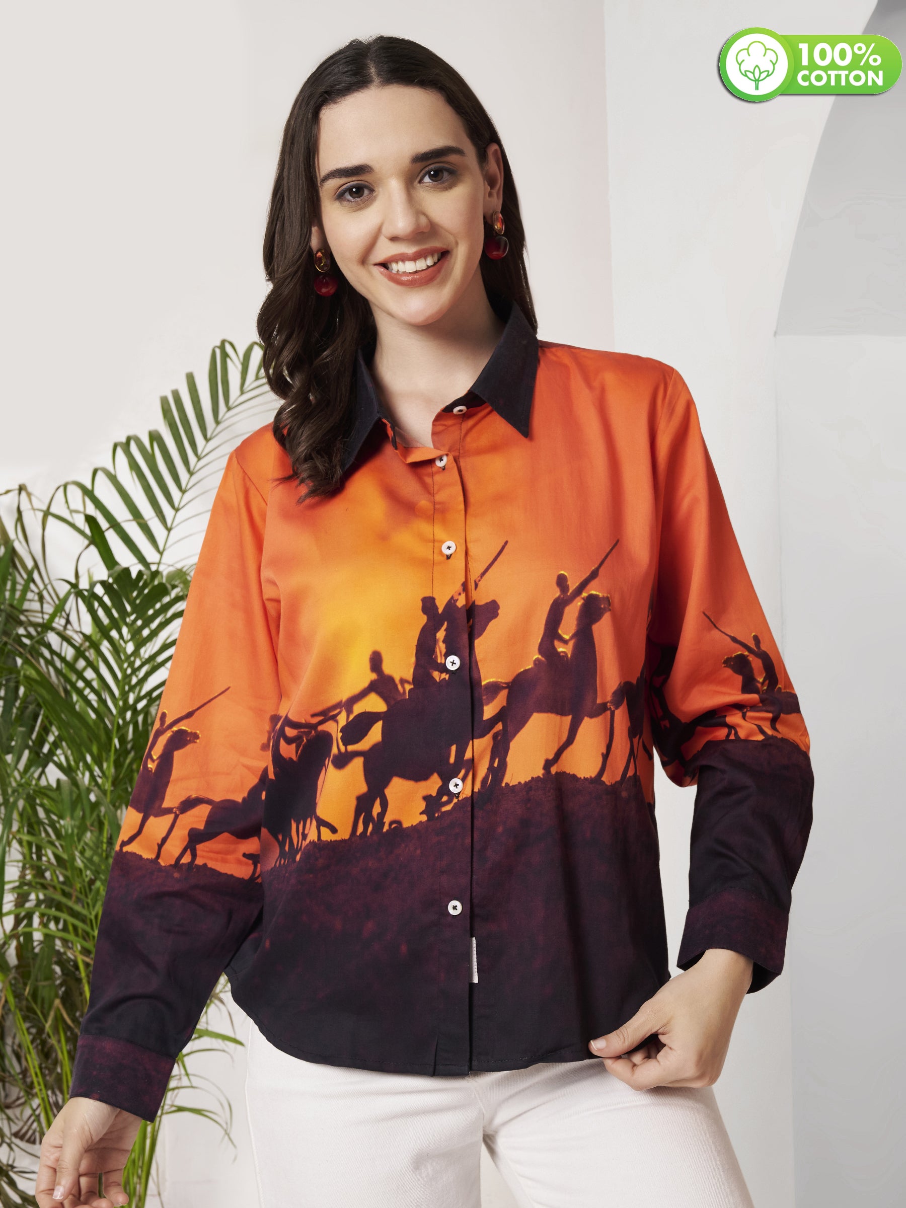 Women's Sunset Horse Rider Print Full Sleeve Button-Down Shirt