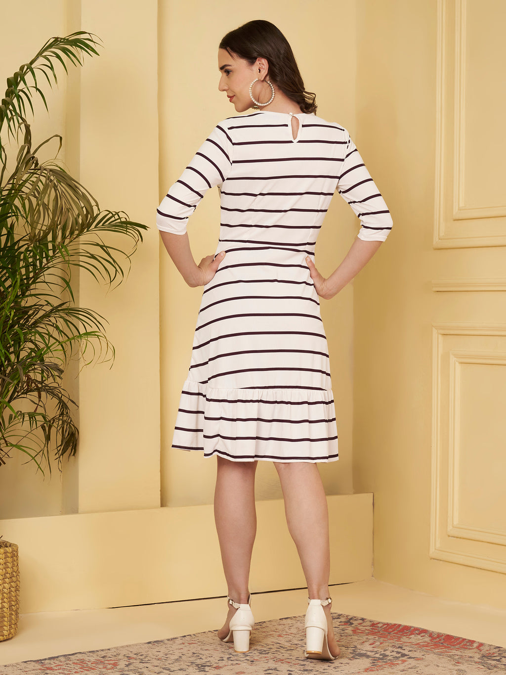 Women's White & Maroon Striped A-Line Midi Dress with Ruffle Hem