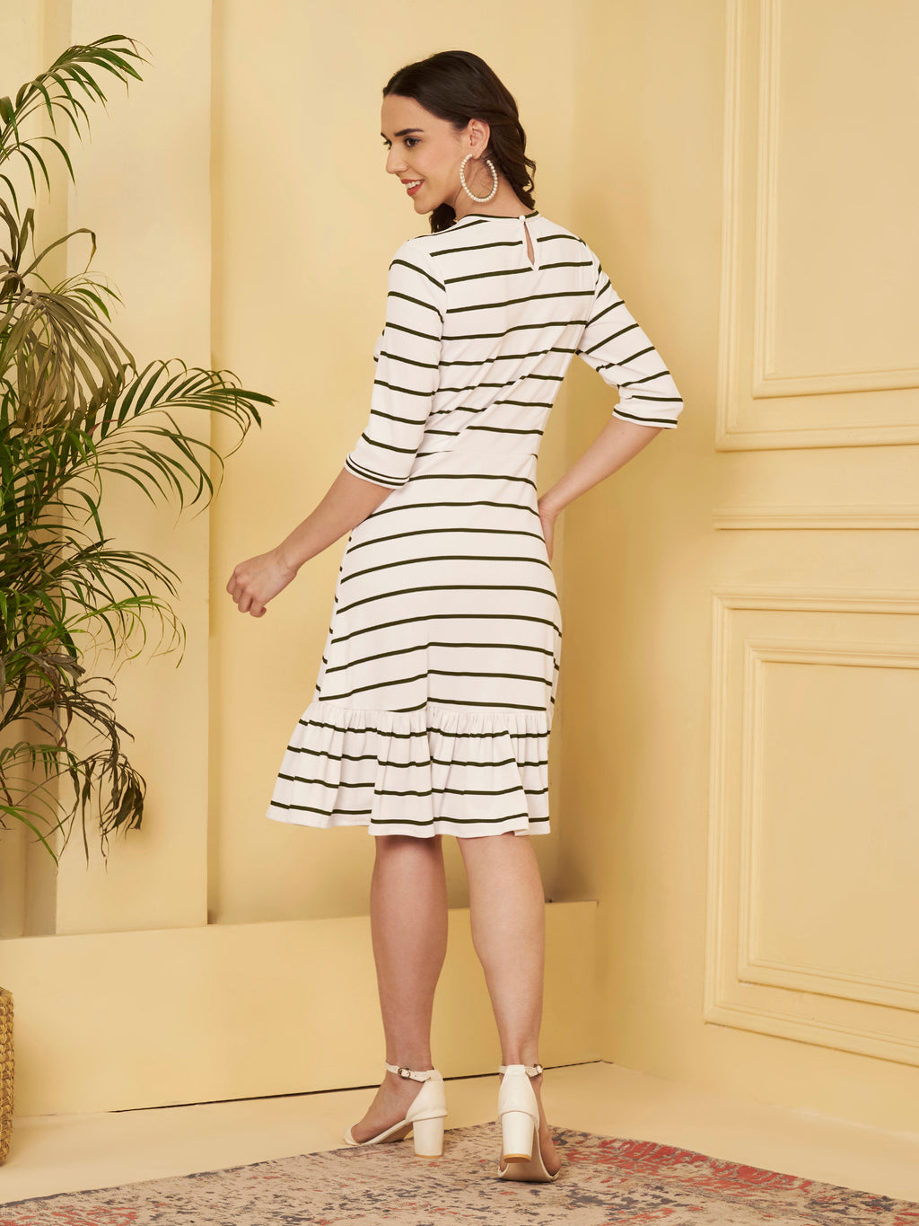 Women's White & Black Striped A-Line Midi Dress with Ruffle Hem