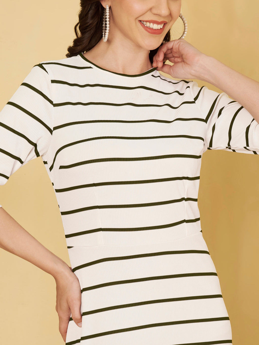Women's White & Black Striped A-Line Midi Dress with Ruffle Hem